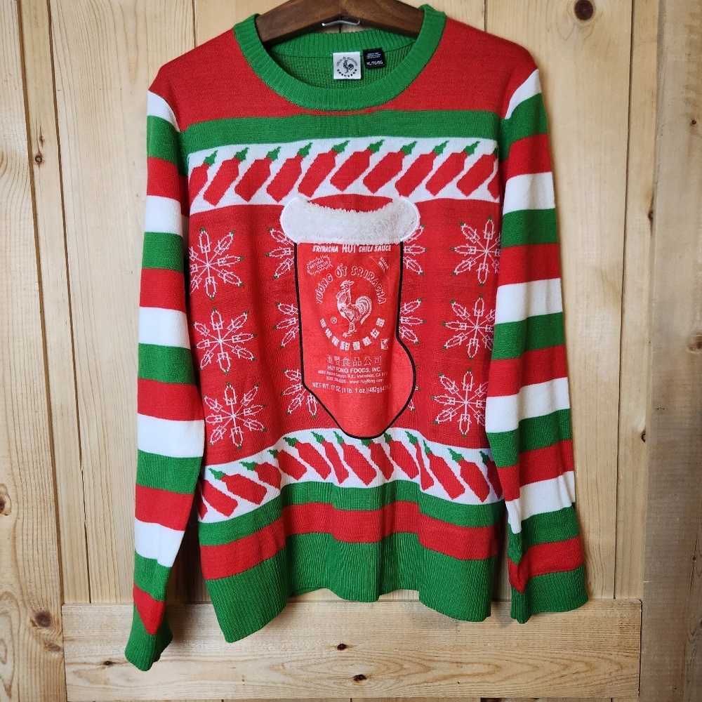 Fong Foods Sriracha Hot Chili Sauce Ugly Holiday Christmas Sweater